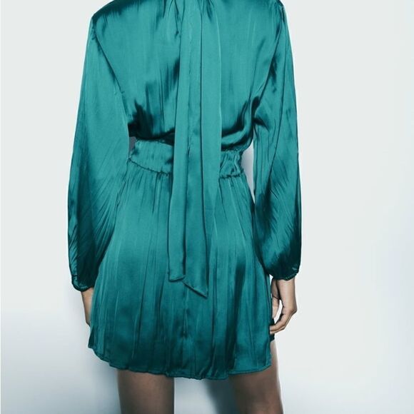 ZARA emerald green turquoise dress satin mock neck pleated ruched NWOT S - Picture 9 of 10